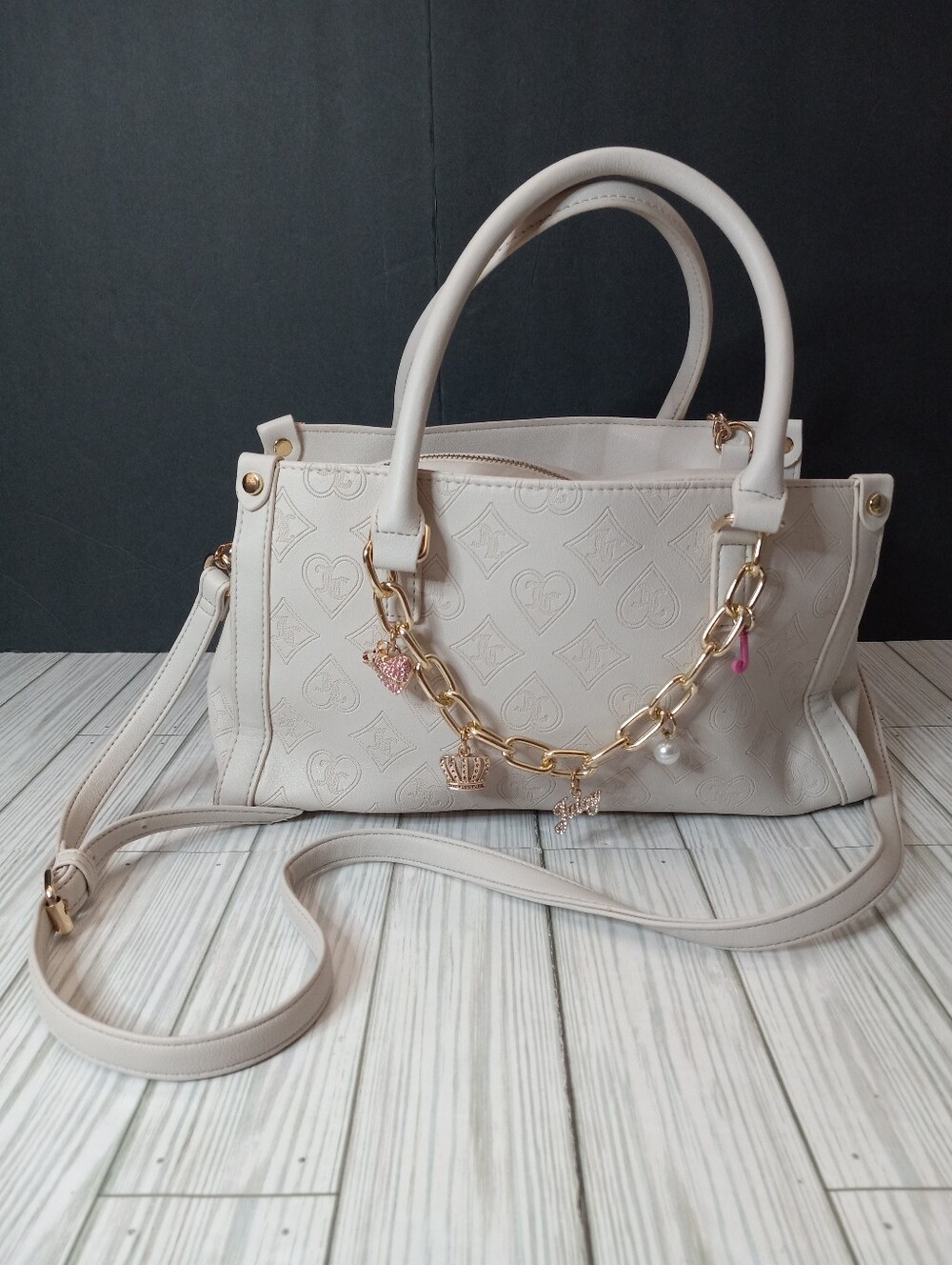 Juicy Couture Monogram Top Notch Satchel Chain Charms Crossbody Handbag